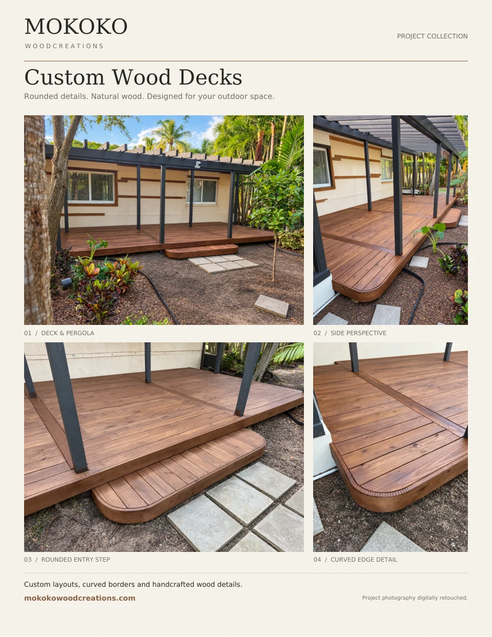 Mokoko custom deck project sheet with deck, pergola and curved wood details