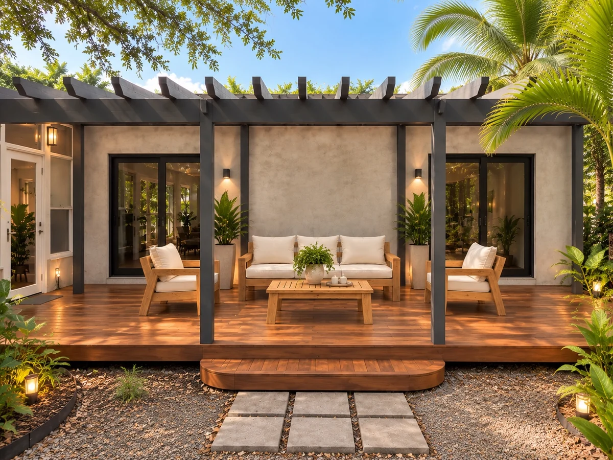 Custom walnut-tone wood deck with handcrafted outdoor furniture by Mokoko