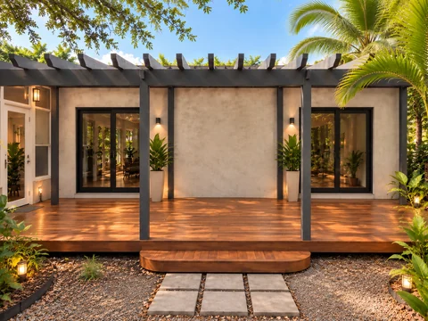 Custom walnut-tone wood deck with rounded step beneath a pergola, without furniture
