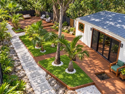 Overhead view of a custom wood deck wrapping around tropical garden beds