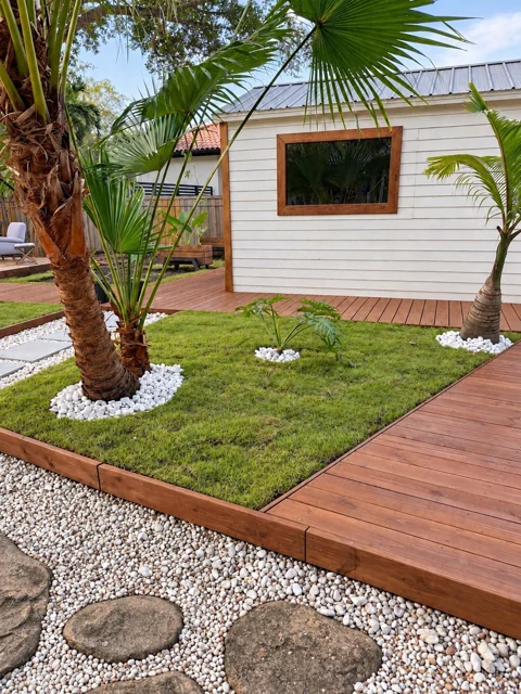 Wood deck surrounding a garden with palm trees and decorative stone