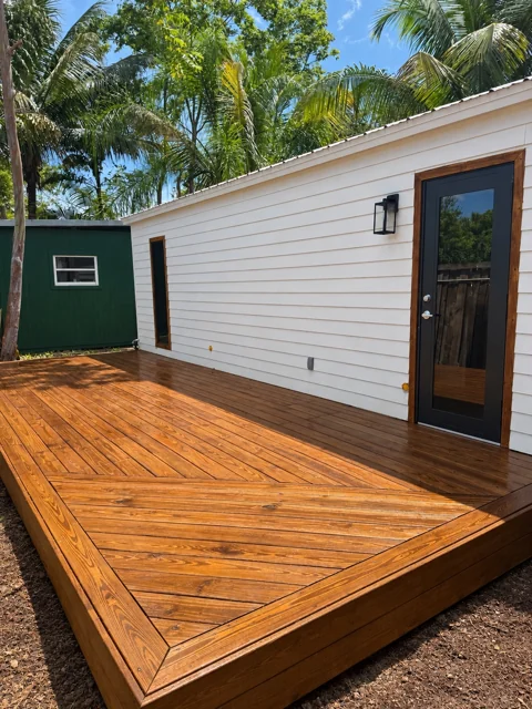 On-site wood deck with custom board layout