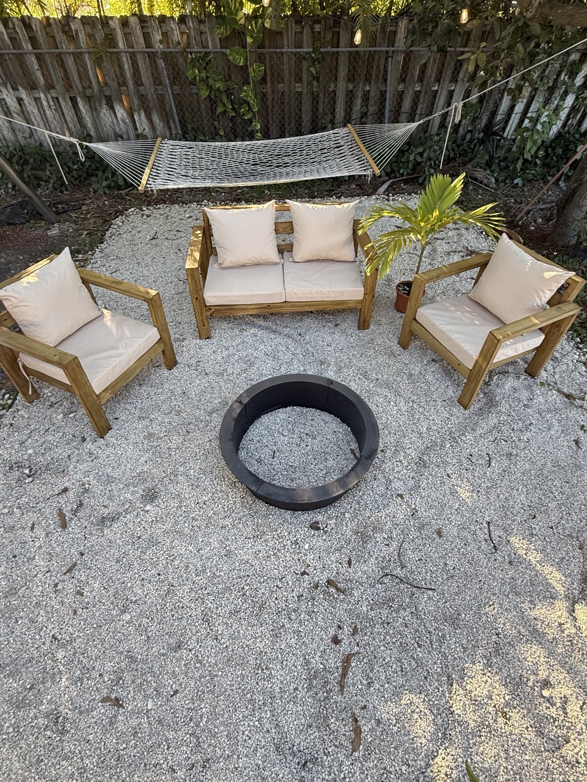 An overhead view of Axis seating around a fire pit