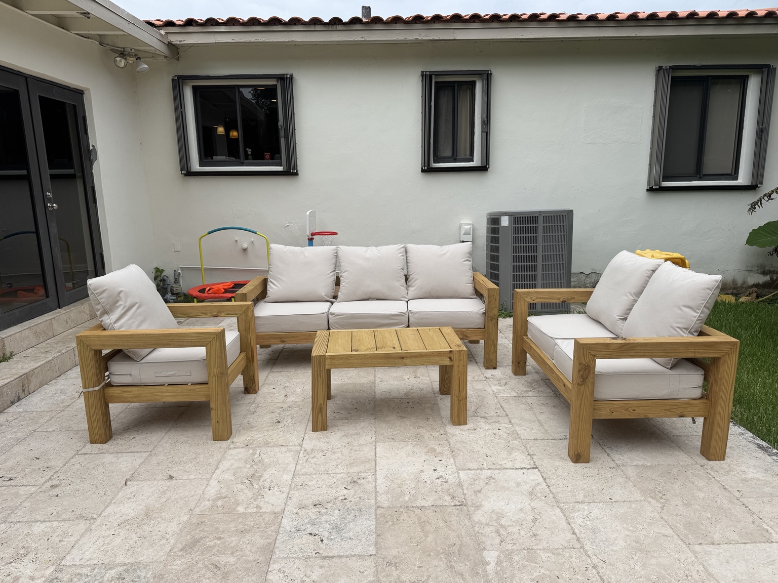 Cube seating on a backyard patio — real customer delivery