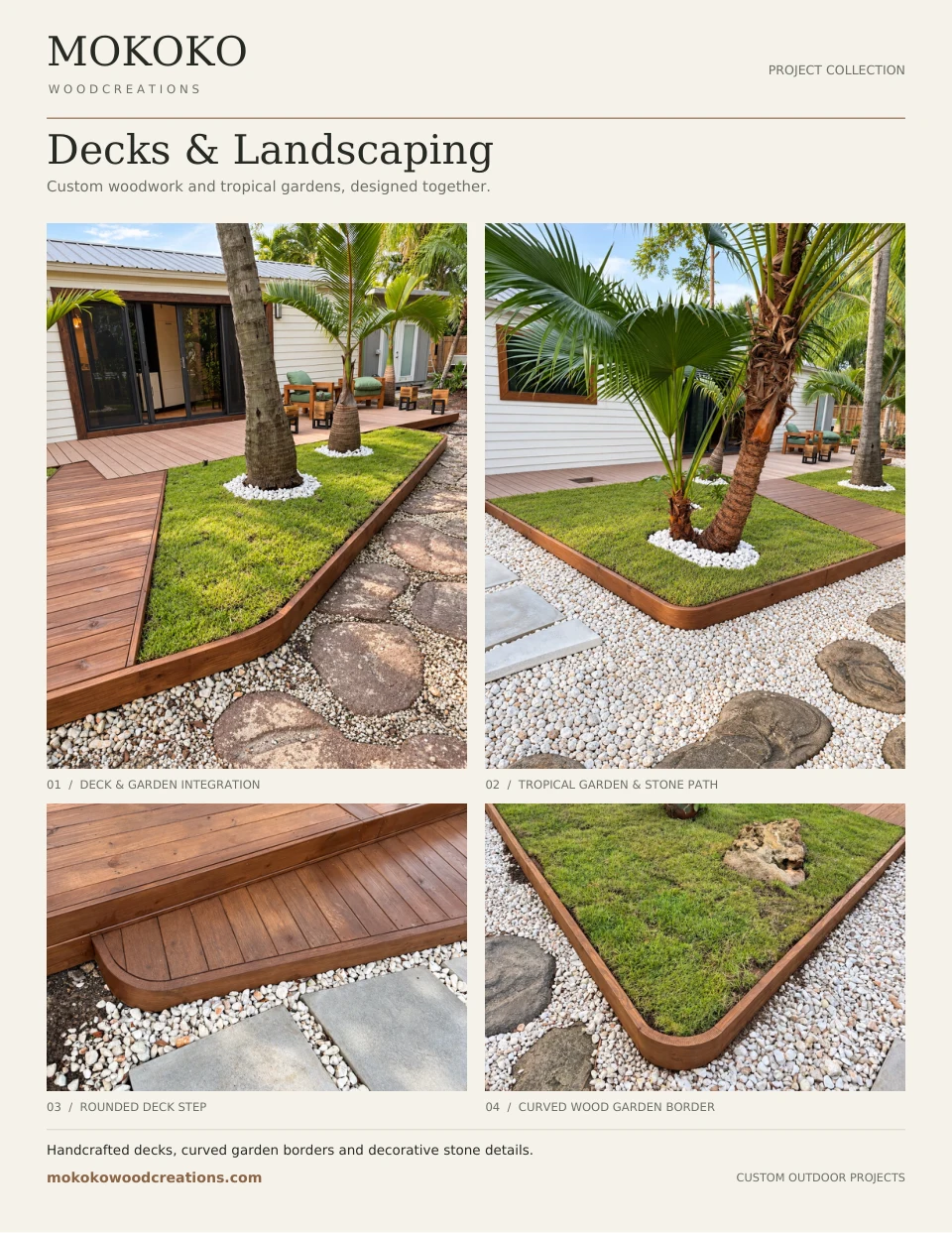 Mokoko deck and landscaping project sheet with tropical planting and curved borders